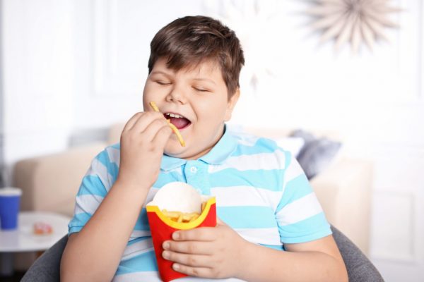 Толстый мальчик ест фастфуд