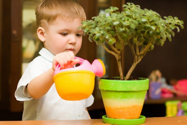child watering flowers
