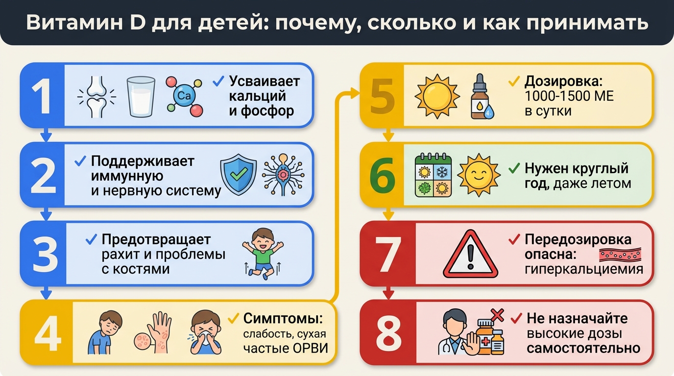 Инфографика о витамине D для детей: польза, признаки дефицита, дозировка