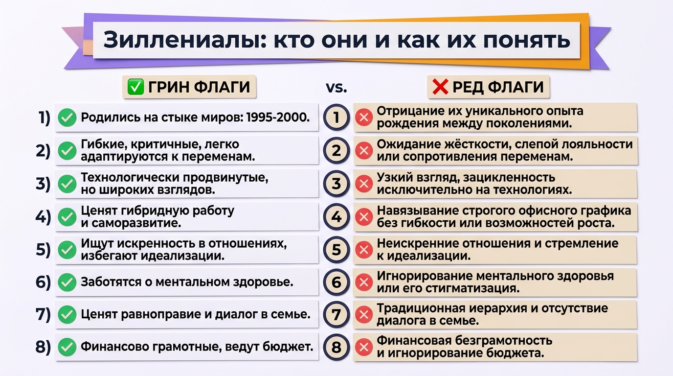 Инфографика о поколении зиллениалов: их особенности в работе и отношениях.