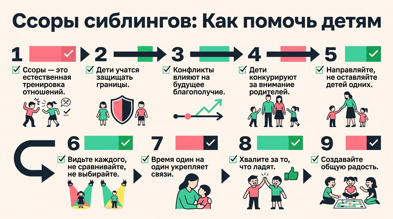 Инфографика о ссорах братьев и сестёр и роли родителей.