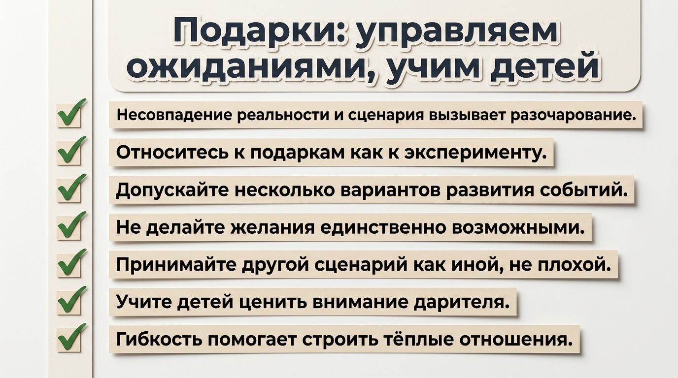 Инфографика о том, как управлять ожиданиями от подарков и показывать пример детям.