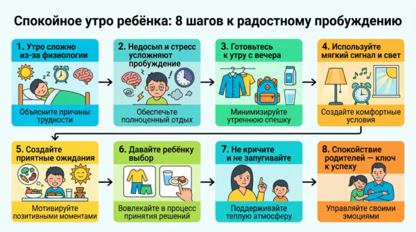 Инфографика: 5 шагов к спокойному пробуждению ребёнка утром, советы родителям