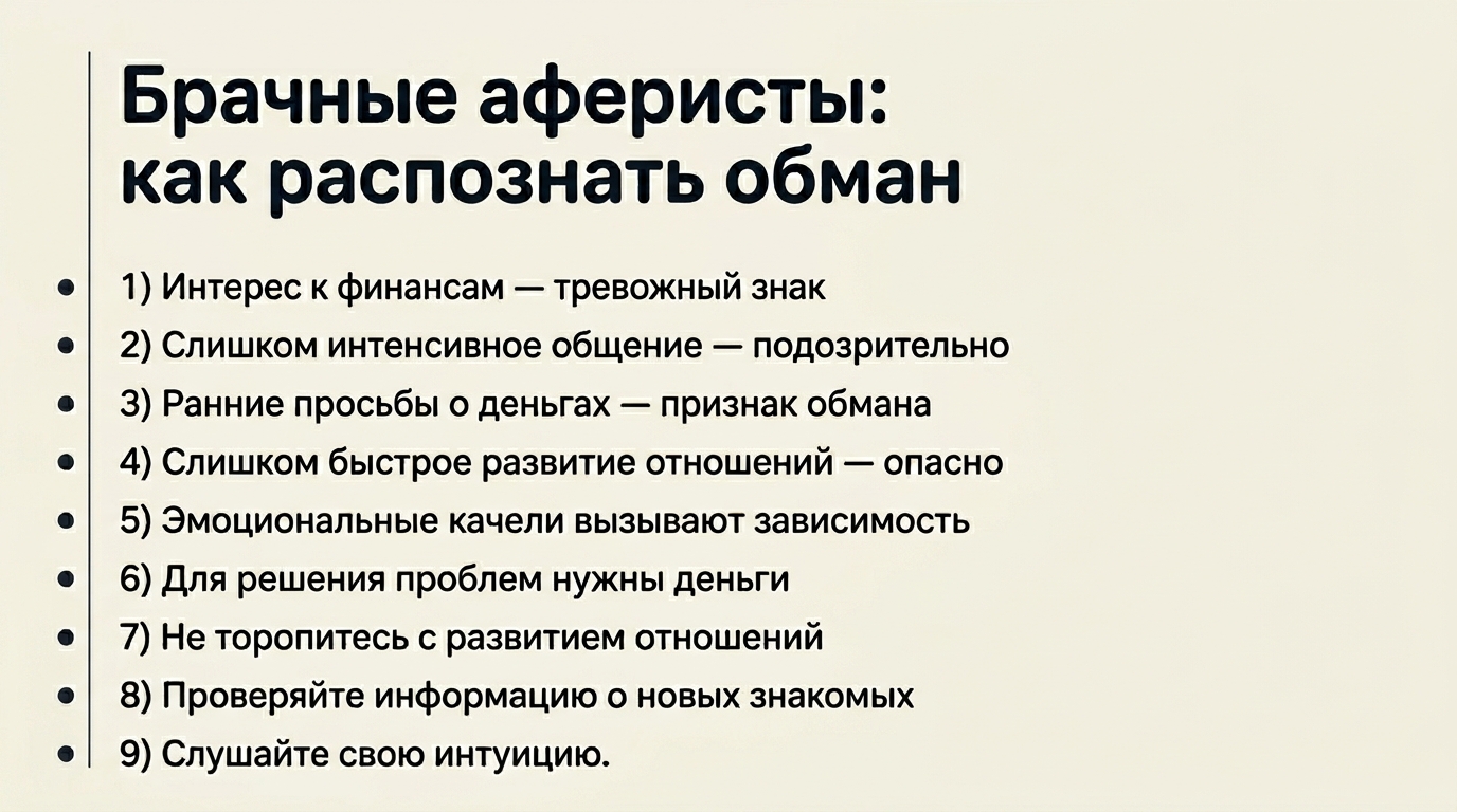 Инфографика о признаках брачных аферистов и способах защиты
