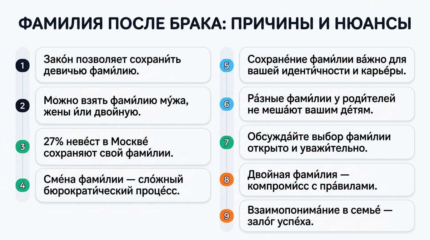 Инфографика о причинах сохранения девичьей фамилии после свадьбы и юридических аспектах.