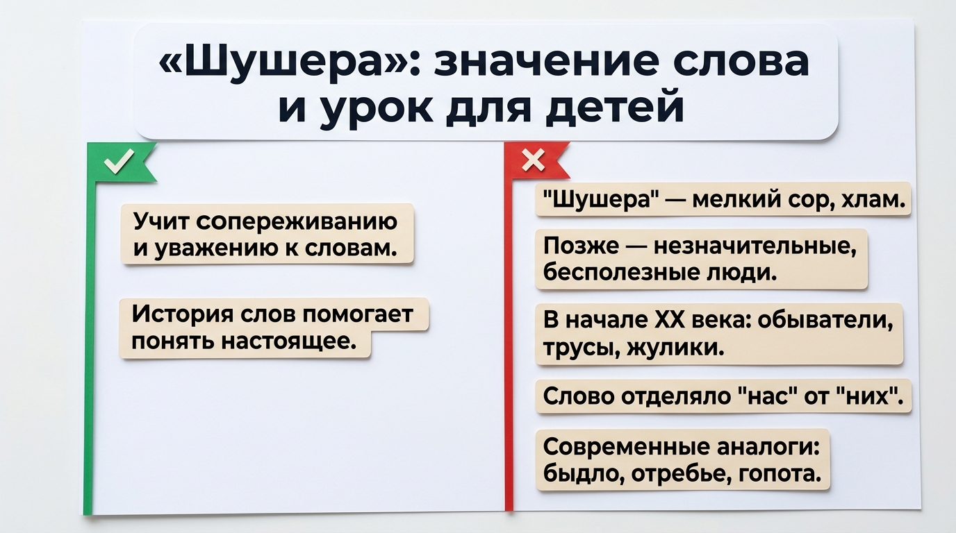 Инфографика о значении слова «шушера» и его влиянии на детей.
