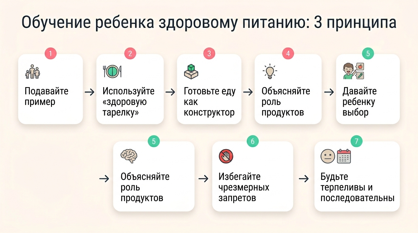 Инфографика: 3 принципа приучения ребёнка к здоровому питанию