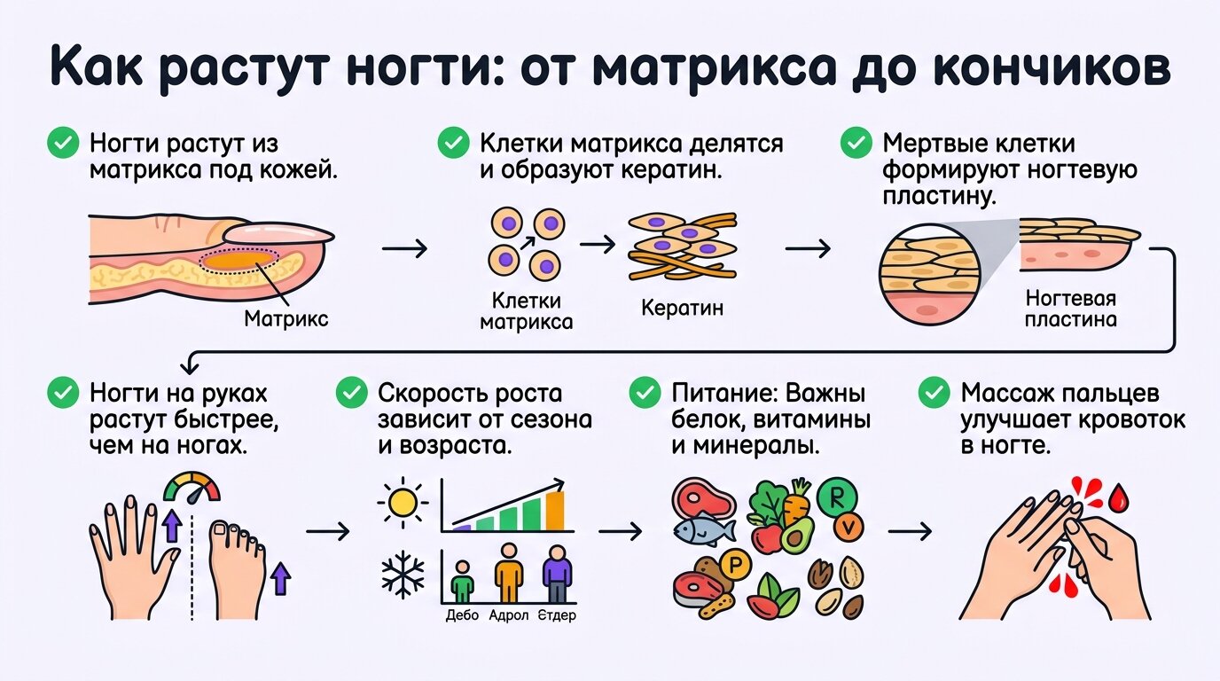 Инфографика о росте ногтей, матриксе и кератине.