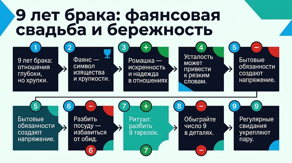 Инфографика о 9 годах брака, фаянсовой свадьбе и бережности в отношениях.