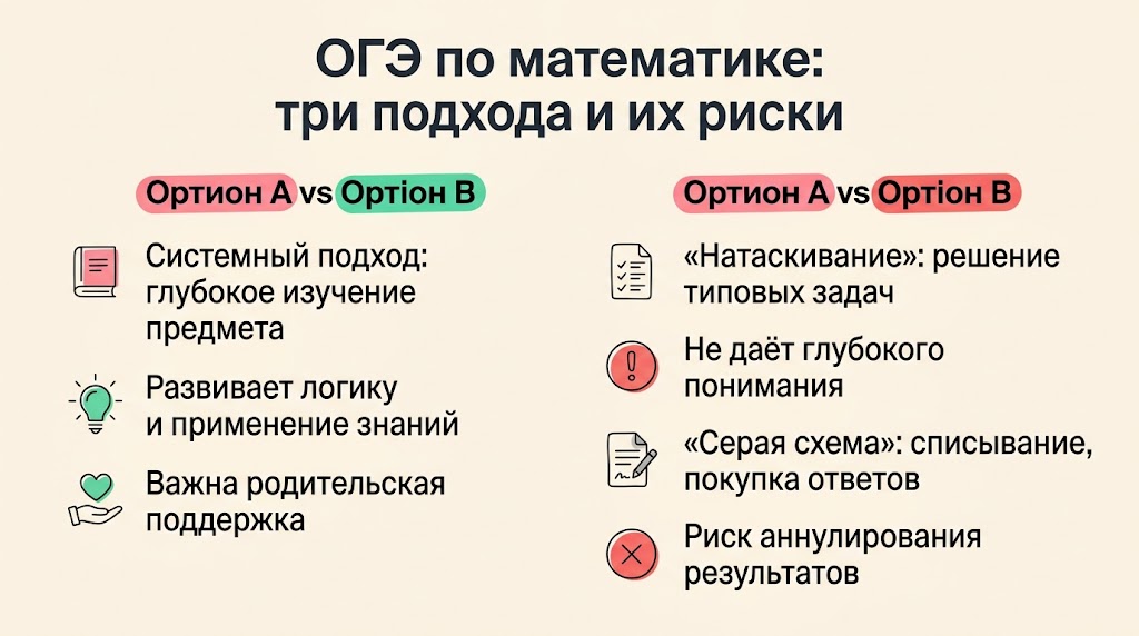 Сравнение трех подходов к подготовке к ОГЭ по математике: системный, натаскивание, серая схема, и их риски.