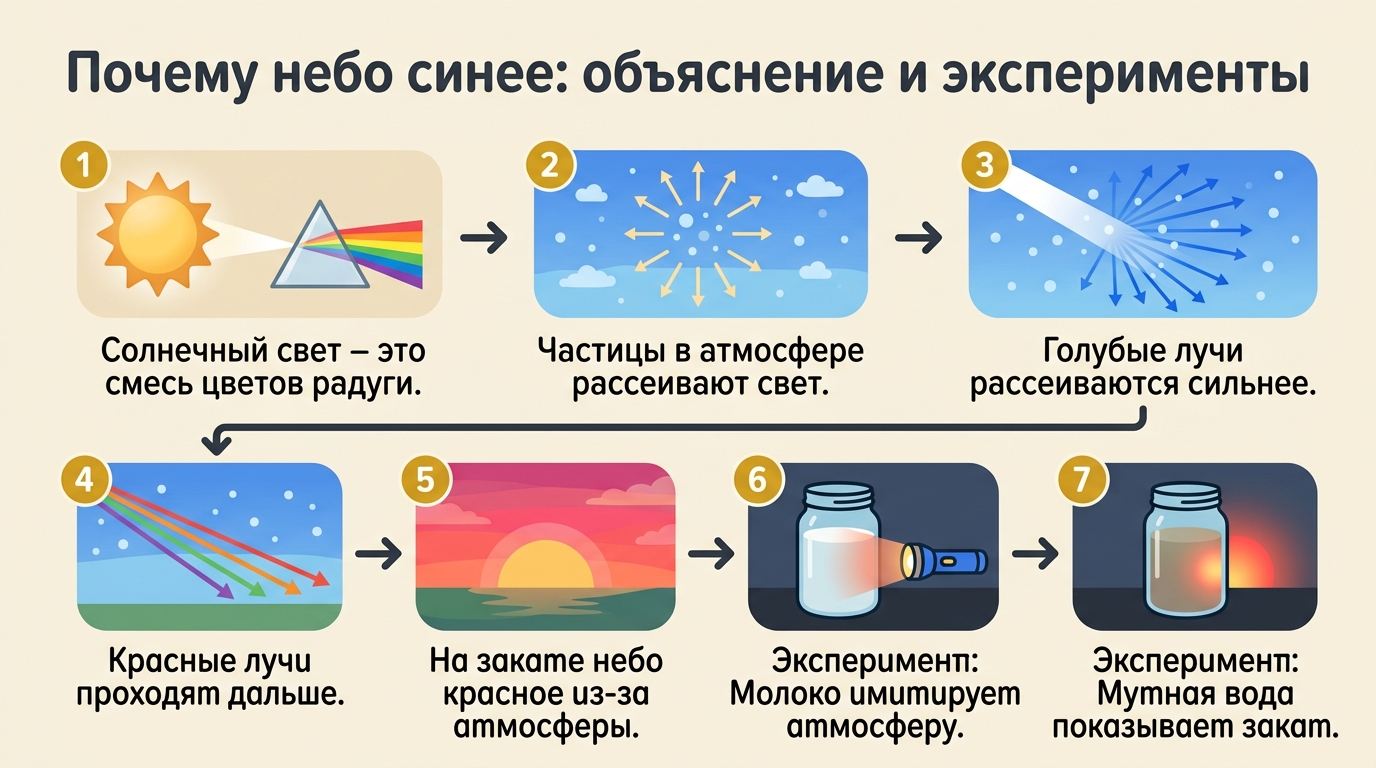 Инфографика: почему небо голубое, объяснение для детей и домашние опыты.