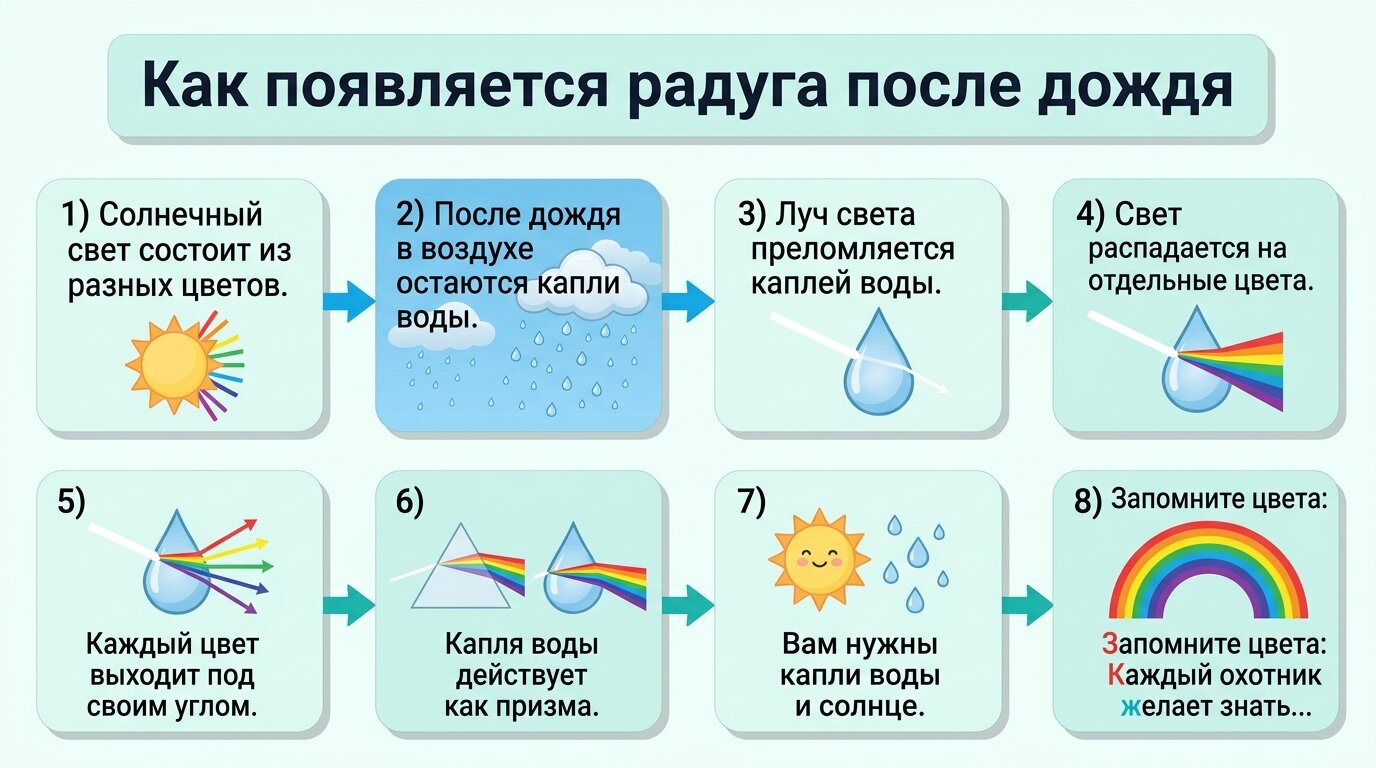 Объяснение появления радуги: солнечный свет, капельки воды и цвета