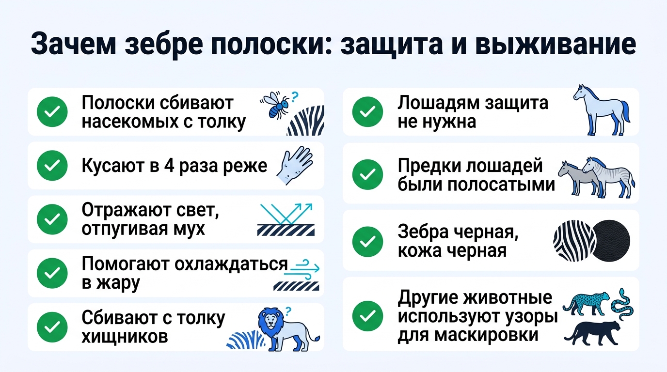 Инфографика о причинах полосок у зебры: защита от насекомых, охлаждение, маскировка.