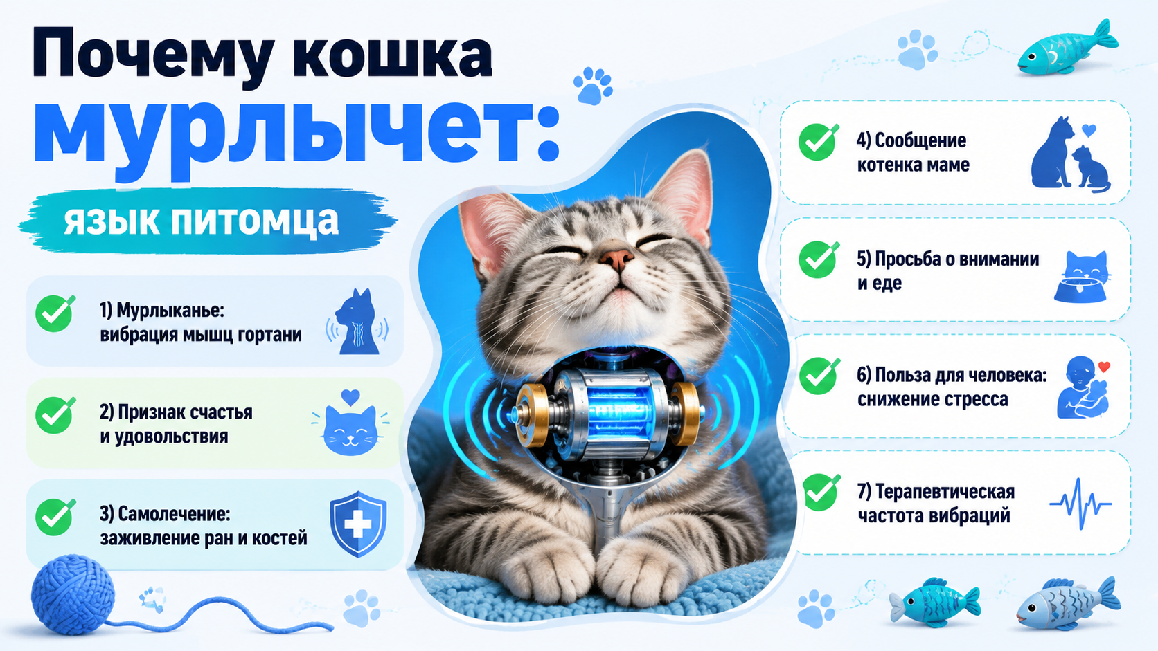 Инфографика о причинах и пользе кошачьего мурлыканья для питомца и хозяина.