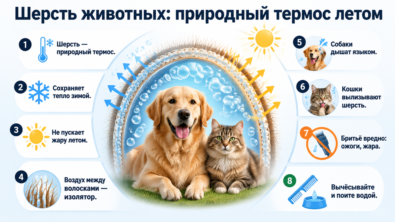 Как шерсть животных защищает от жары: принцип термоса, охлаждение, вред бритья.