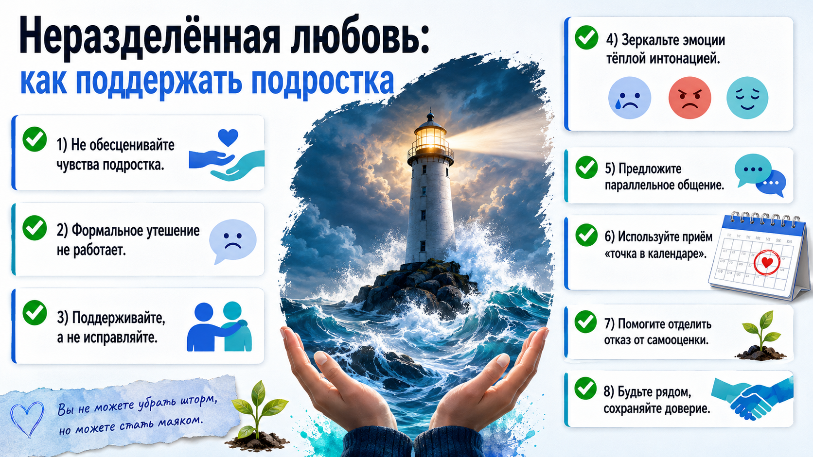 Инфографика о поддержке подростка при неразделённой любви: советы родителям.