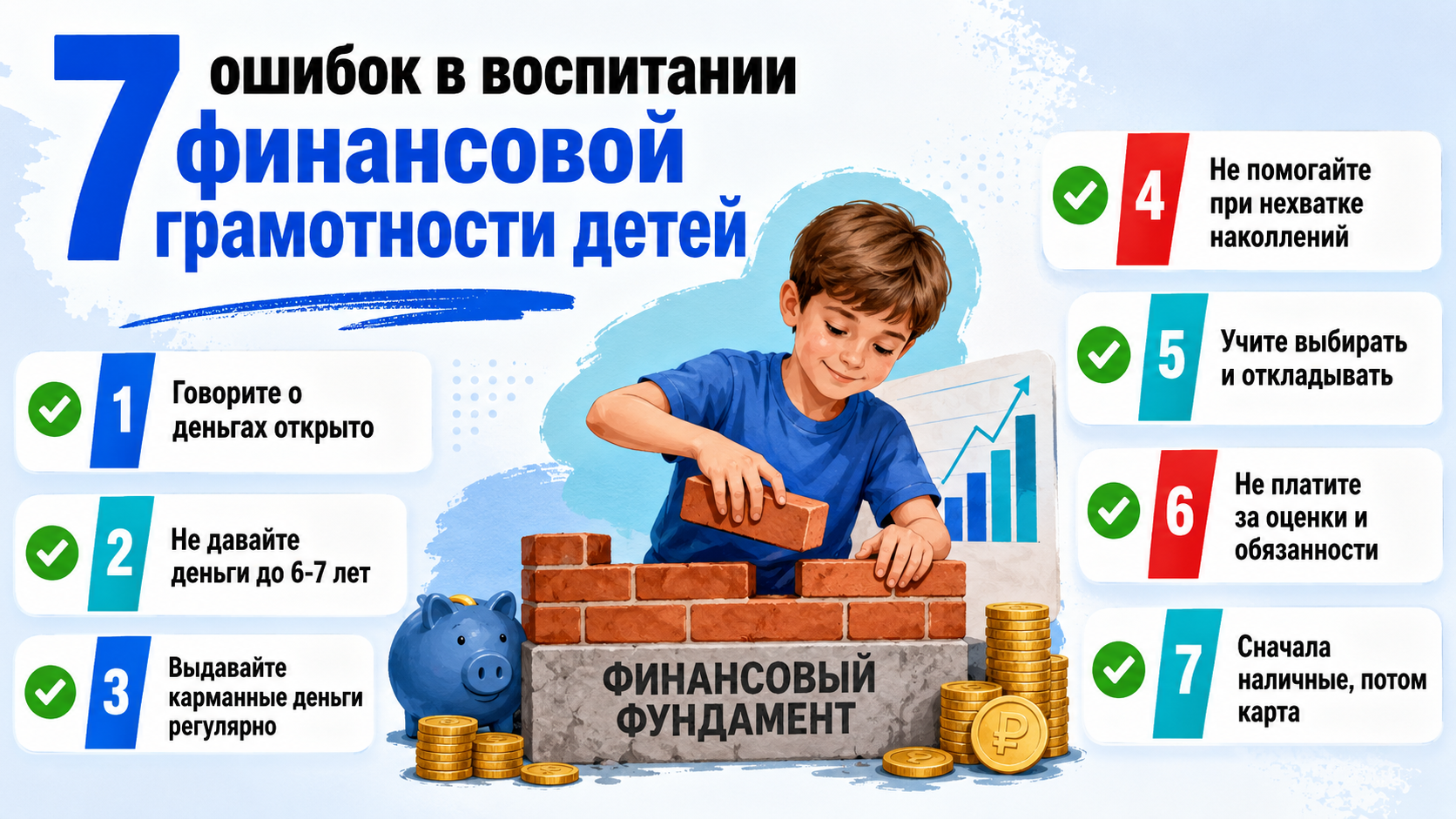 Инфографика: 7 родительских ошибок, мешающих финансовой грамотности детей