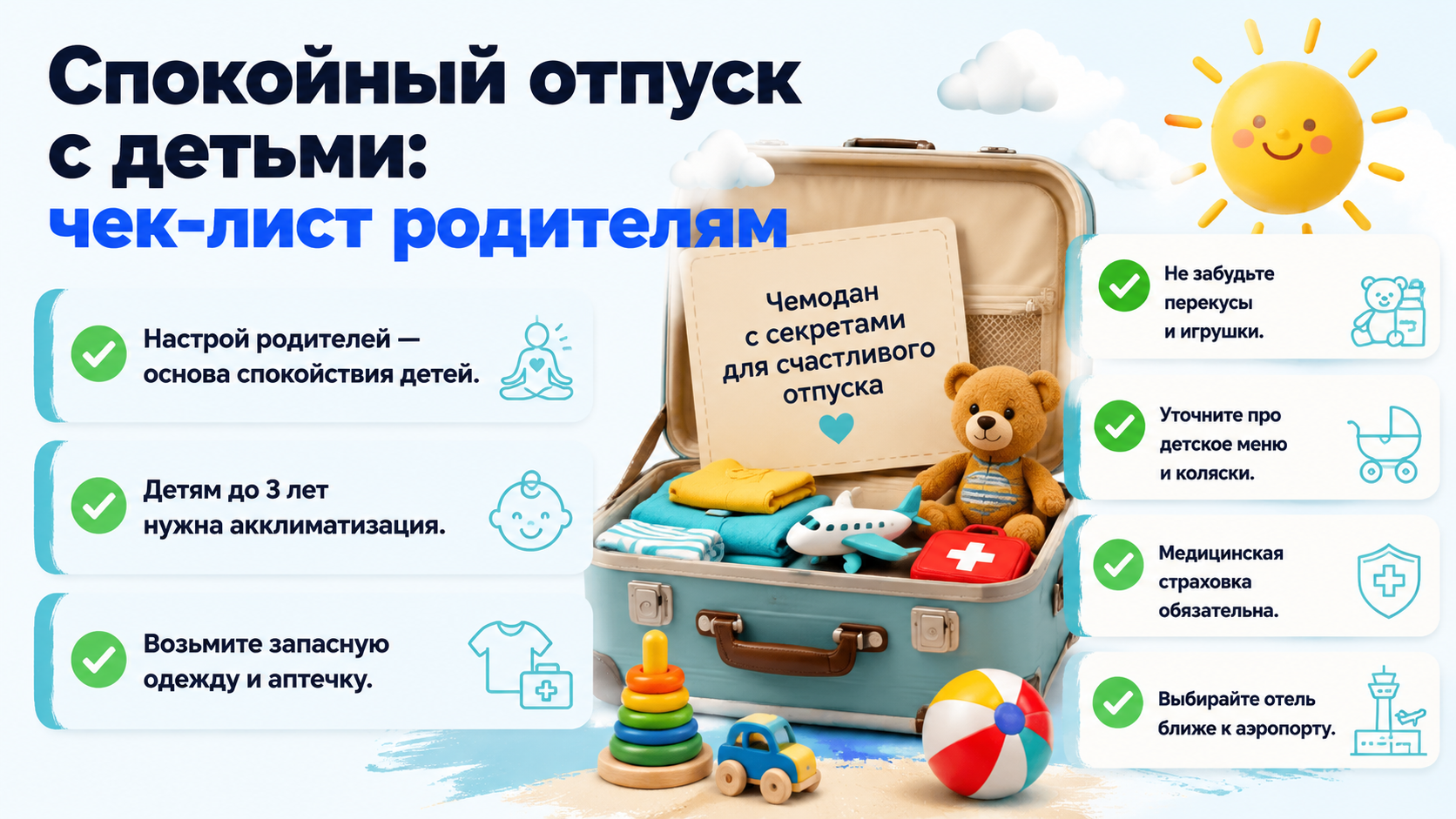 Инфографика: чек-лист для спокойного отпуска с детьми, включая настрой родителей и необходимые вещи.
