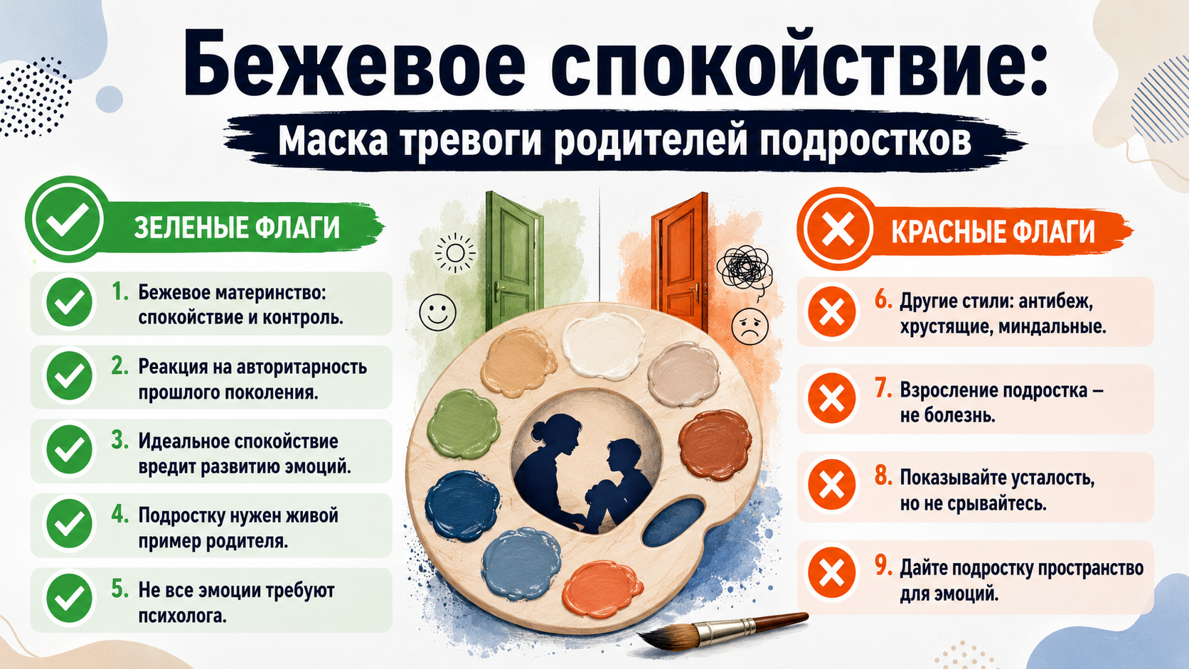 Инфографика о бежевом материнстве и тревоге родителей подростков.