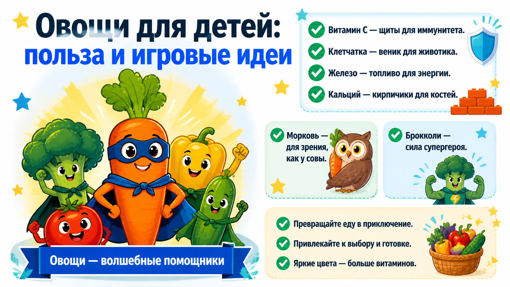 Инфографика: как объяснить ребёнку пользу овощей через игры и метафоры.
