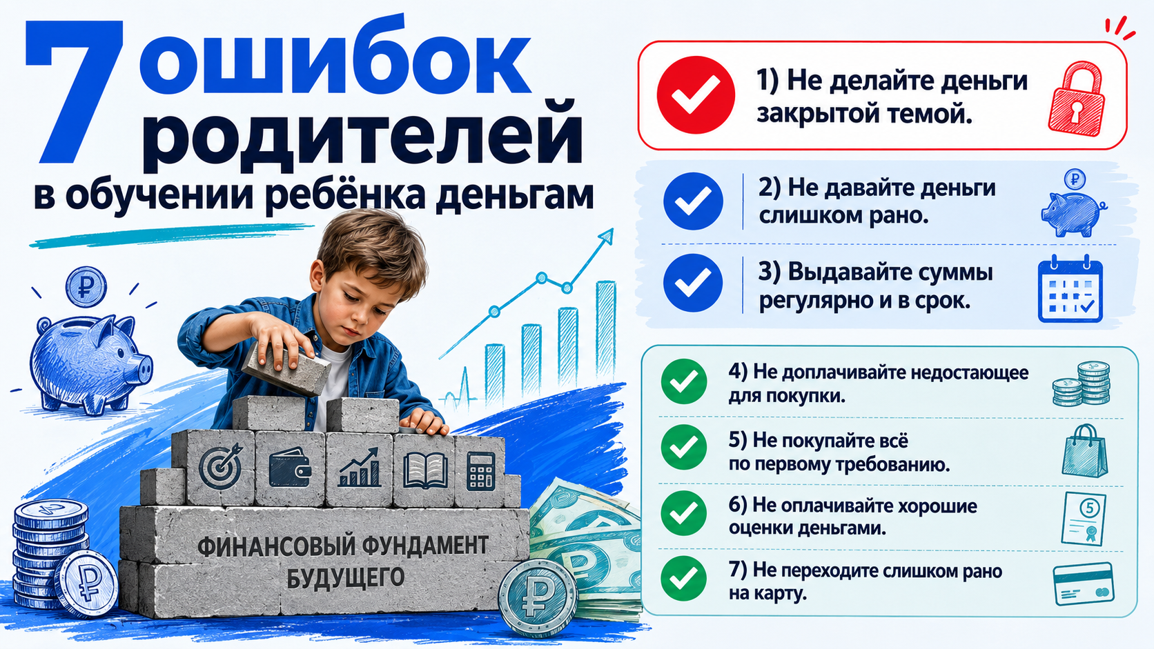 Инфографика: 7 ошибок родителей, мешающих ребёнку подружиться с деньгами