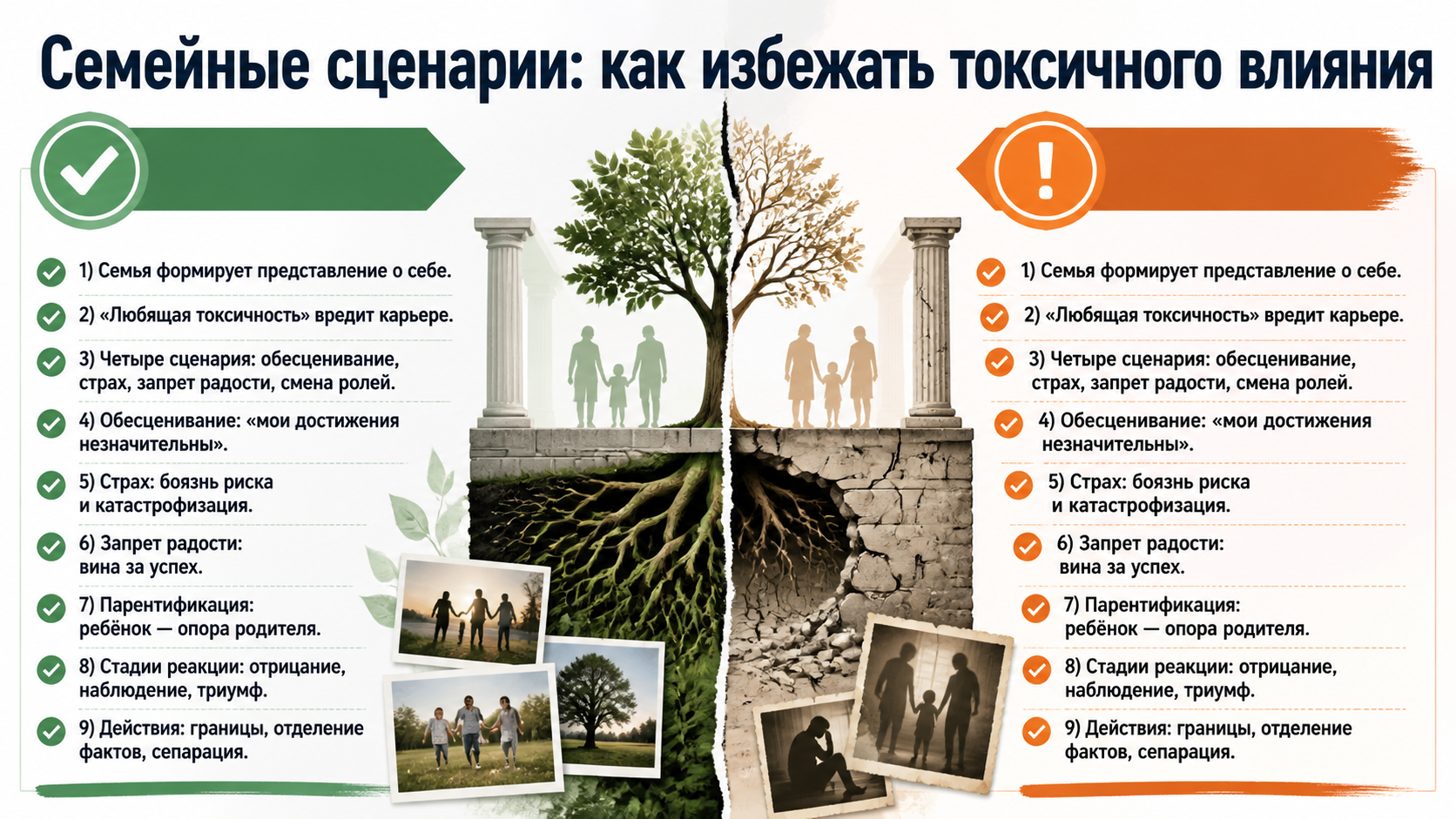 Инфографика о влиянии семейных сценариев на успех и способах выстраивания границ.
