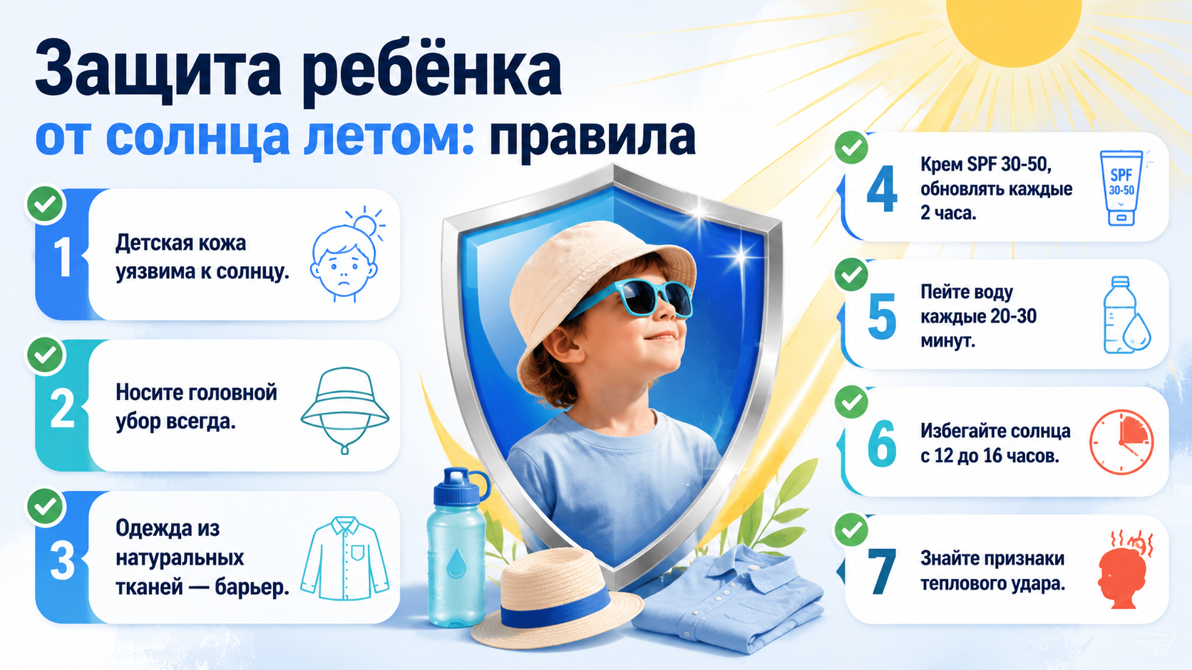 Инфографика: правила защиты ребёнка от солнца летом, включая одежду, крем и питьевой режим.