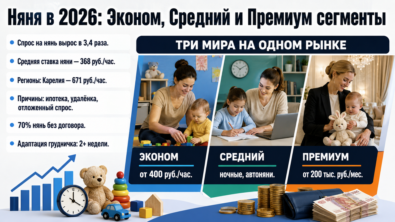 Сравнение сегментов рынка нянь в 2026 году: ставки, причины найма, особенности.
