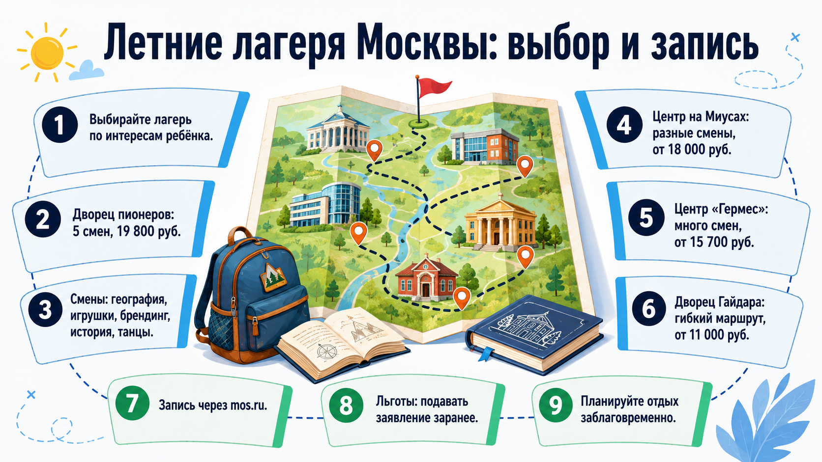 Инфографика о летних городских лагерях Москвы: программы, цены, как записать ребёнка.