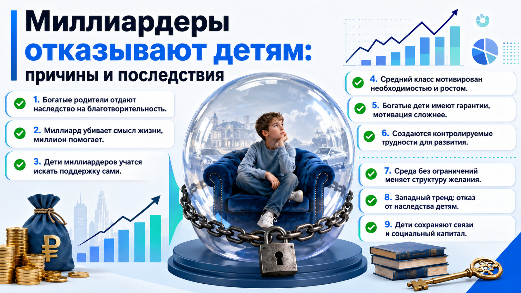Инфографика о том, почему миллиардеры отказывают детям в наследстве и как это влияет на их воспитание и самостоятельность.
