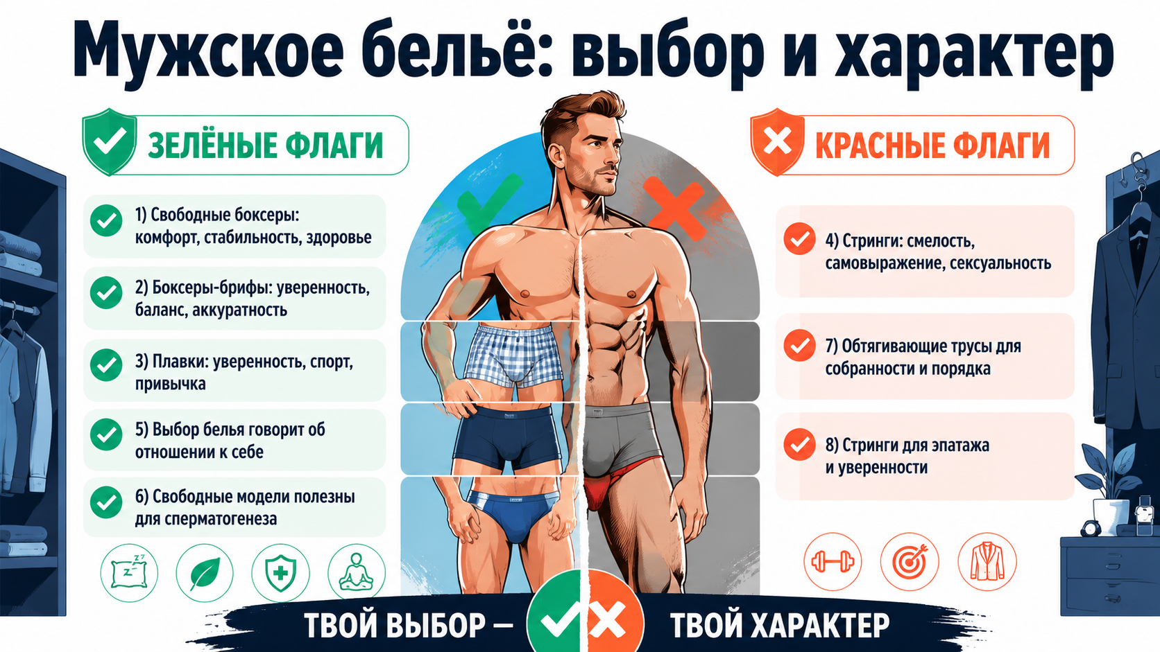 Инфографика о том, что выбор мужского белья говорит о характере и здоровье.