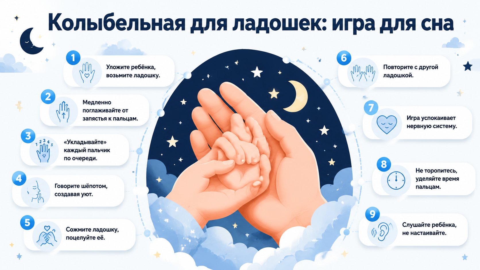 Инструкция по игре «Колыбельная для ладошек» для быстрого засыпания ребёнка.