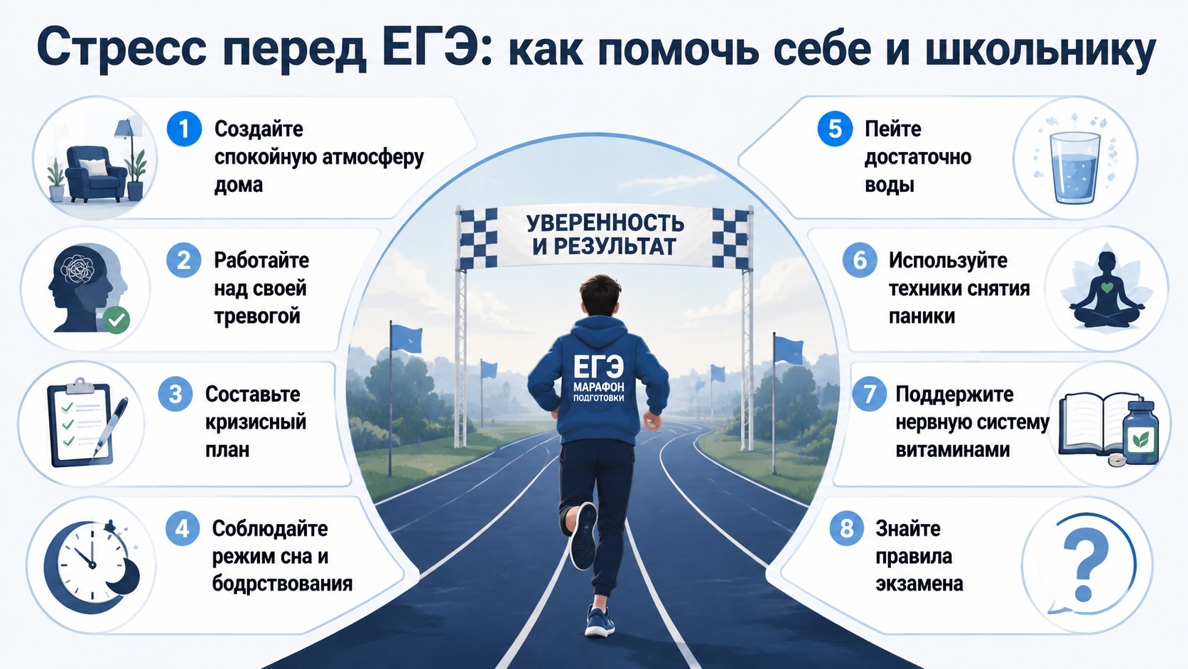 Инфографика: советы по снижению стресса перед ЕГЭ для школьников и родителей.