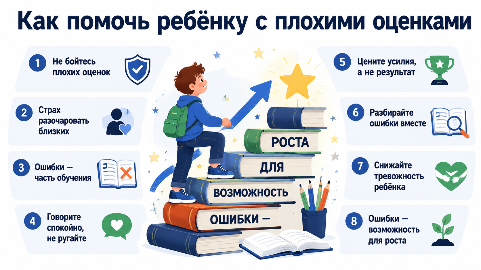 Инфографика: как помочь ребёнку справиться с плохими оценками и страхом ошибок