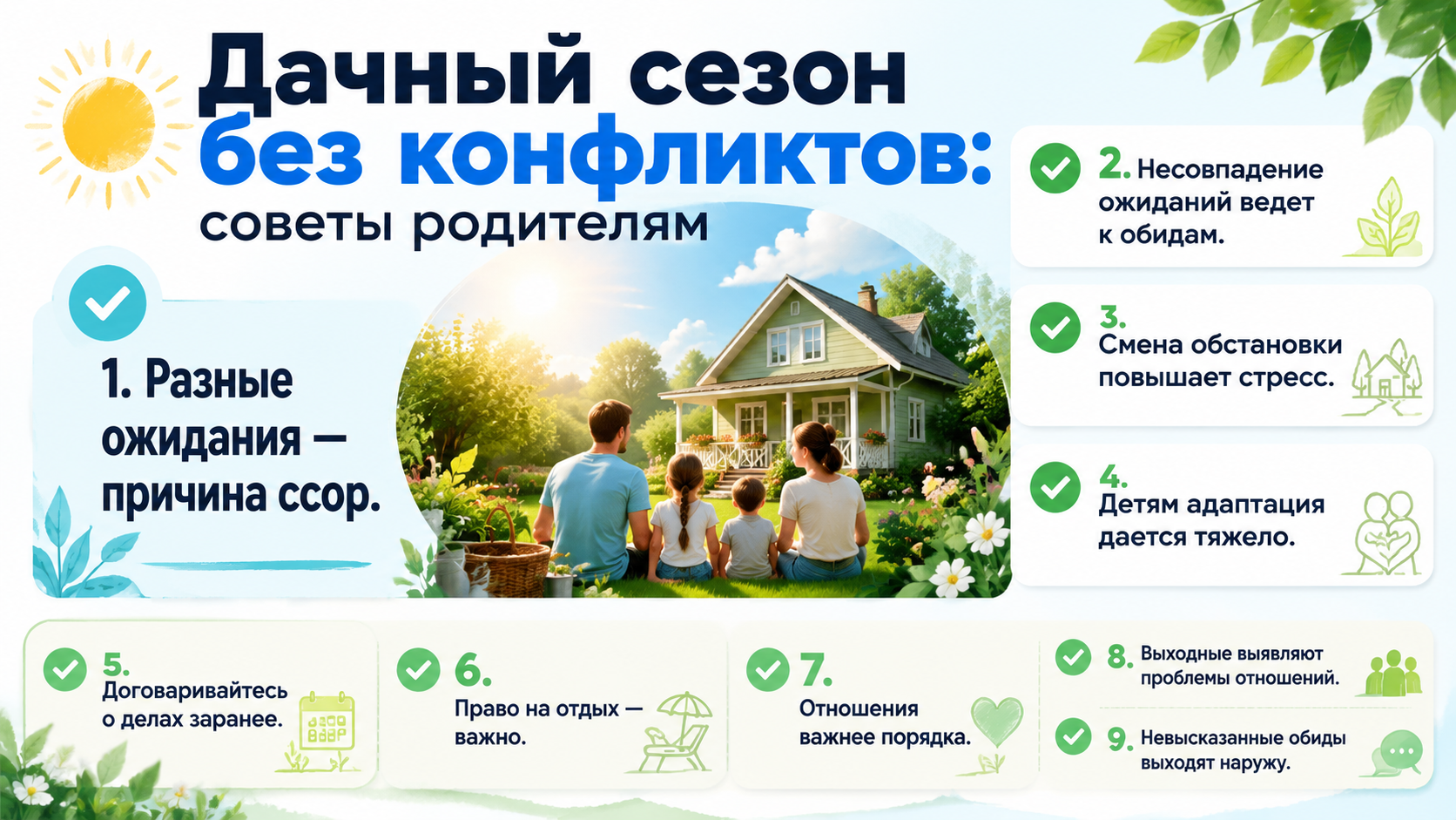 Инфографика: как сохранить мир в семье на даче, советы родителям.