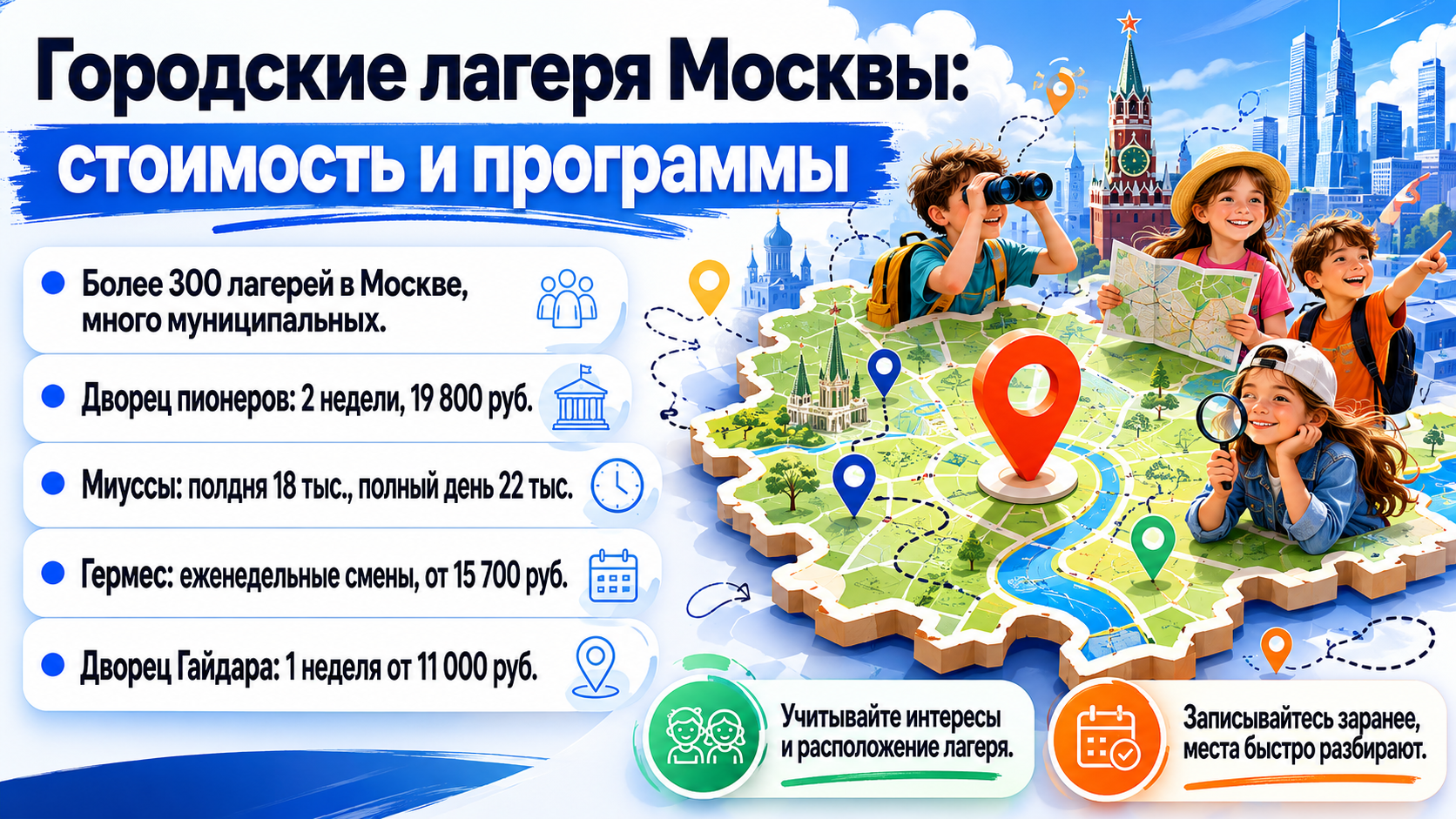 Сравнение стоимости и программ городских лагерей Москвы для детей.