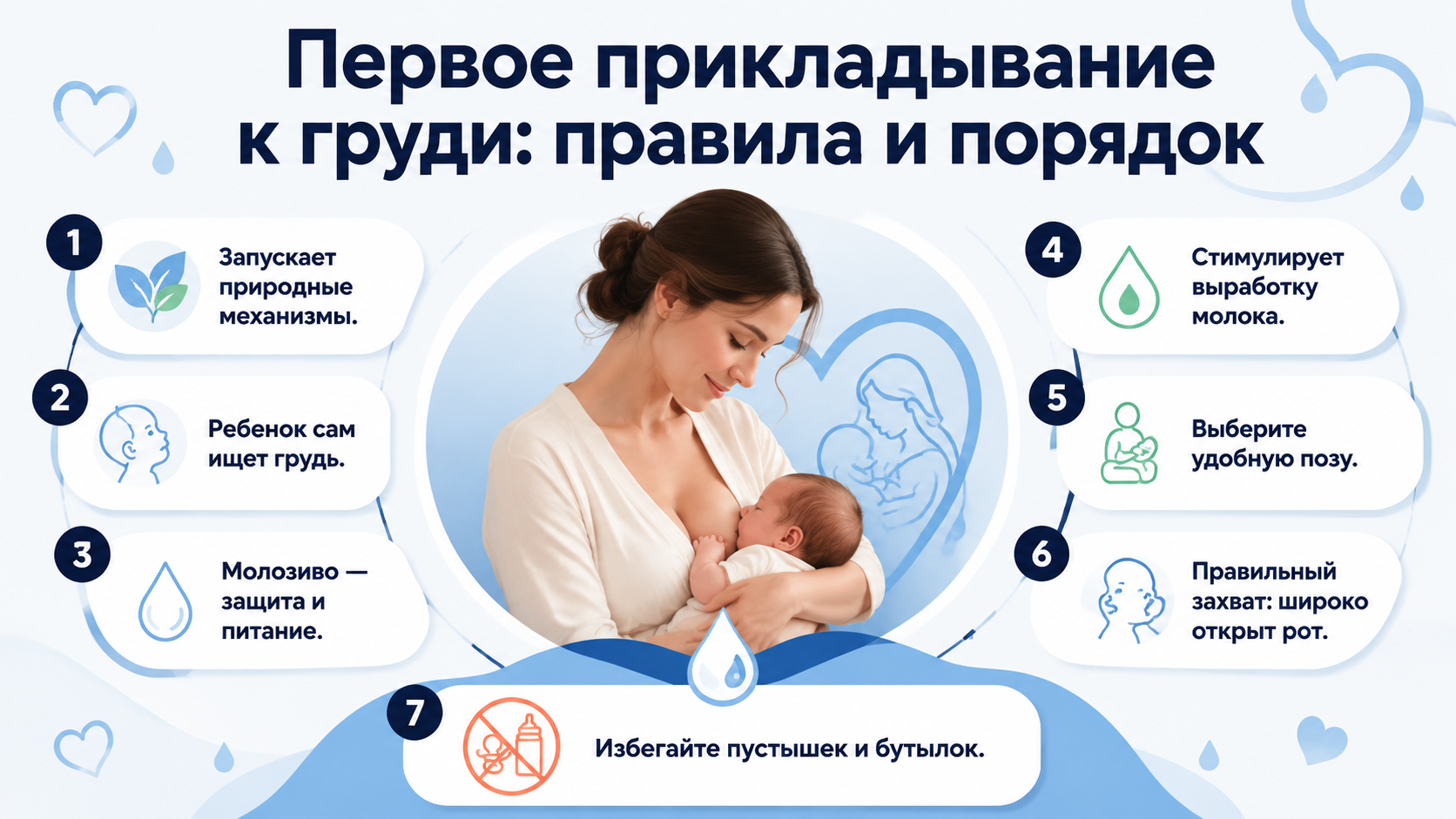 Инфографика о первом прикладывании к груди: правила и порядок действий.