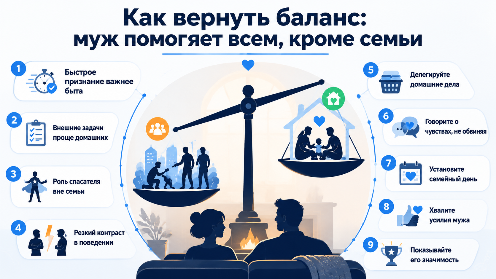 Инфографика: 5 шагов, как вернуть баланс в отношения, когда муж помогает всем, кроме семьи.