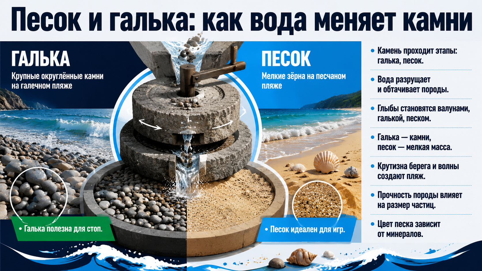 Сравнение песчаного и галечного пляжей: как вода превращает камни.