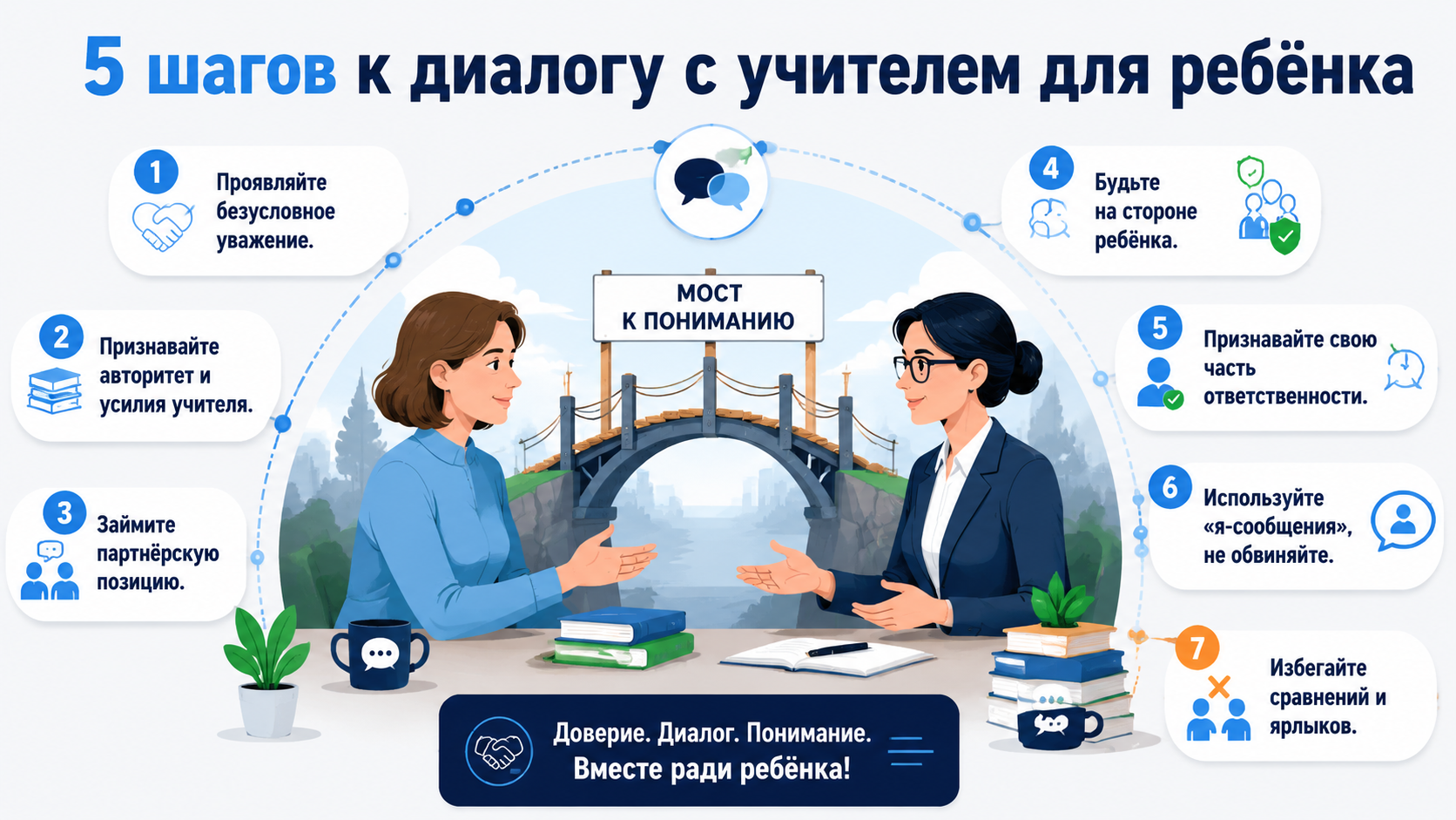 Инфографика: 5 шагов к конструктивному диалогу с учителем для помощи ребёнку.