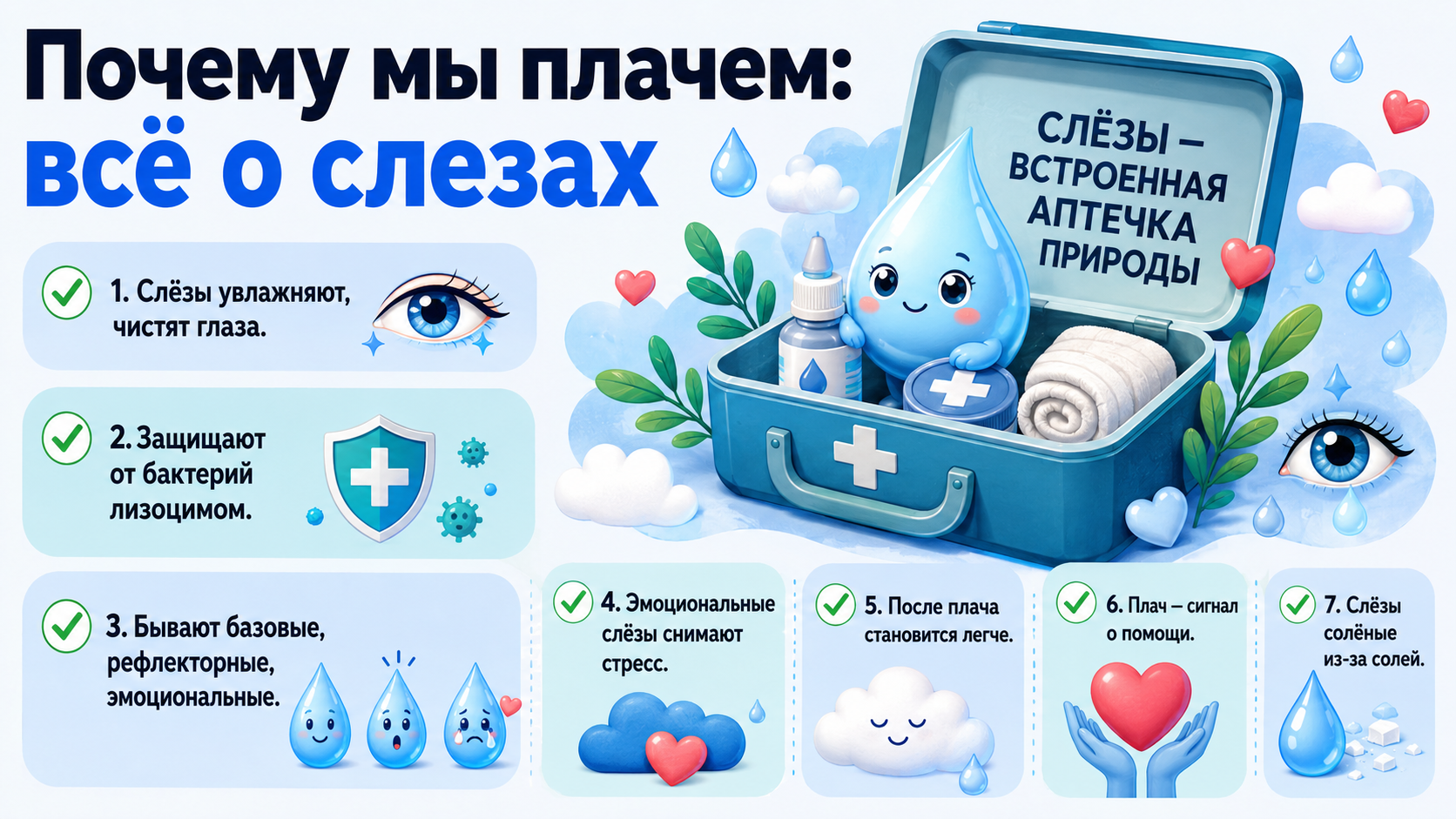 Инфографика о причинах и типах слез для детей.