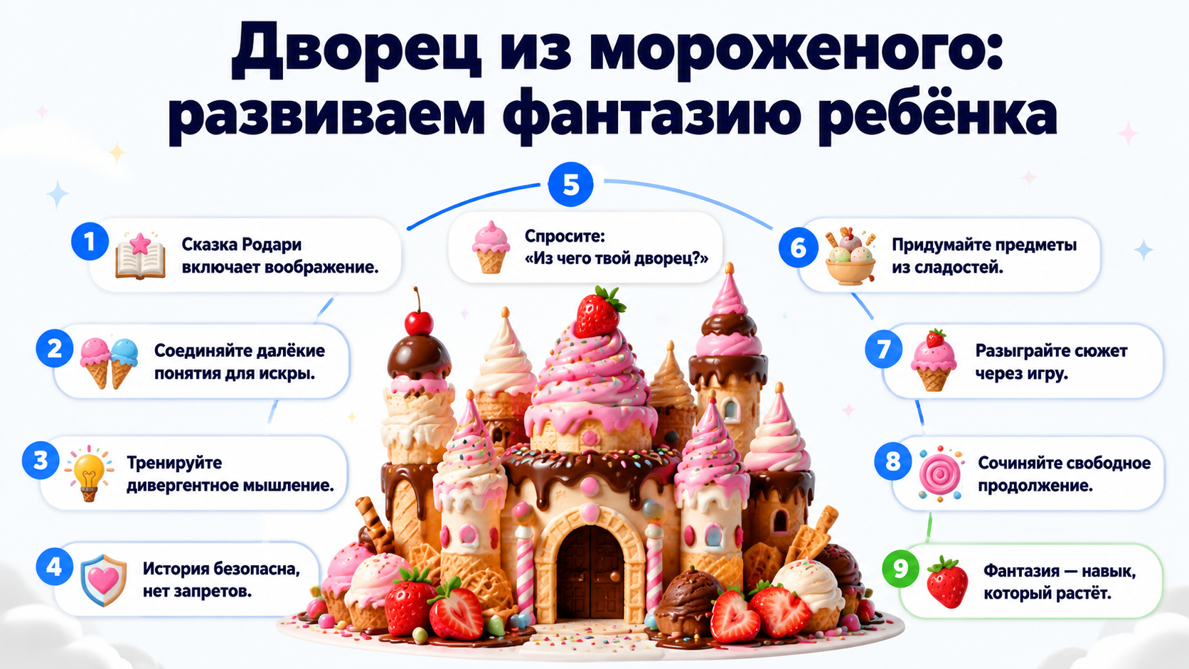 Инфографика: как сказка Родари «Дворец из мороженого» развивает детскую фантазию через творческую игру.