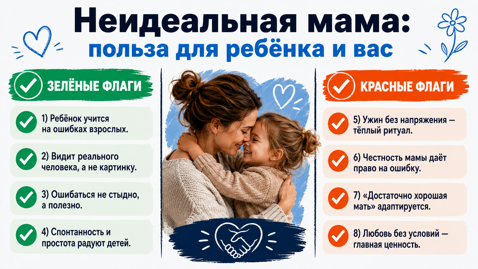 Инфографика о пользе неидеальной мамы для ребёнка, с акцентом на ошибки и любовь.