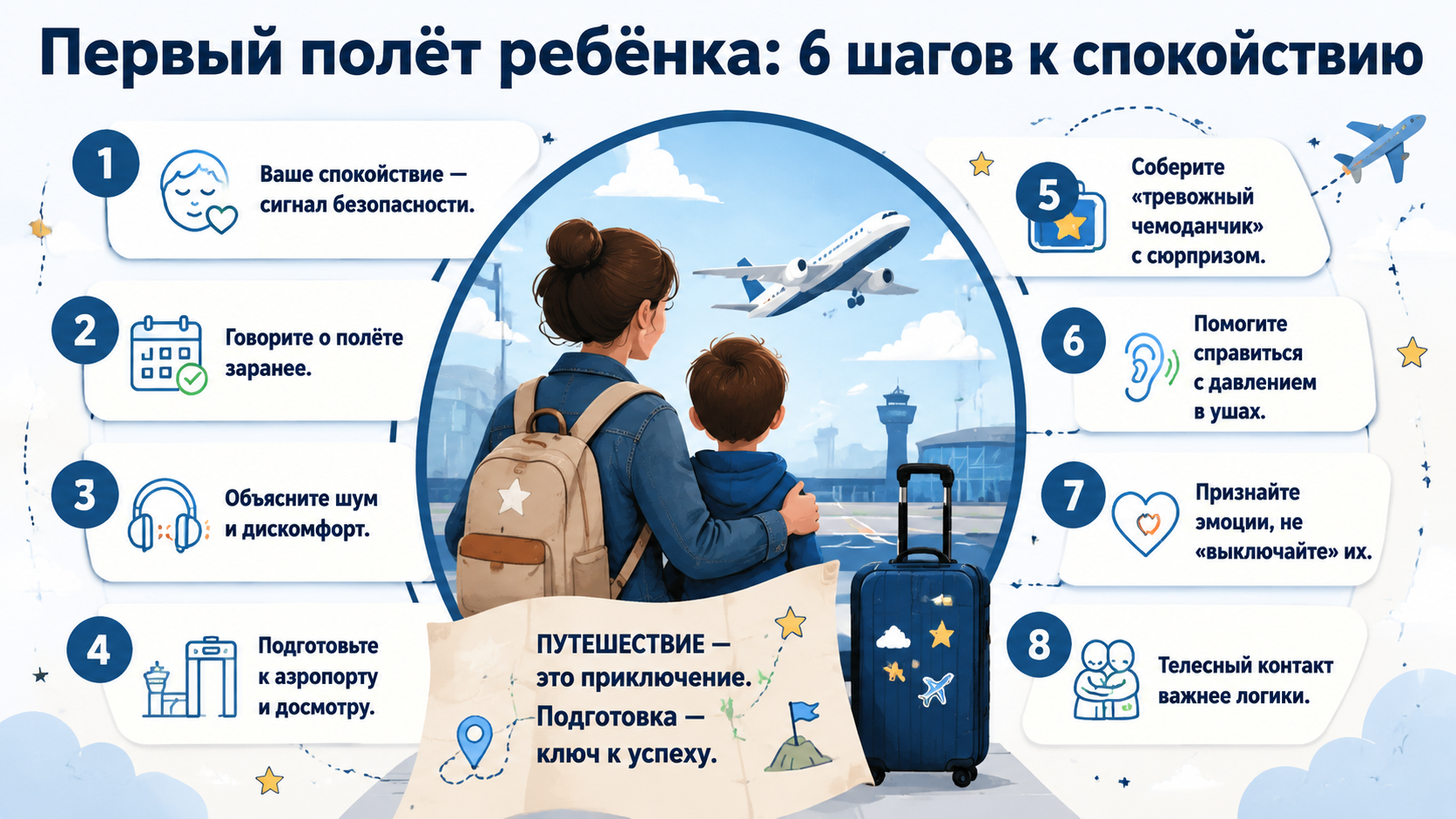 Инфографика: 6 шагов для спокойного первого полёта ребёнка.