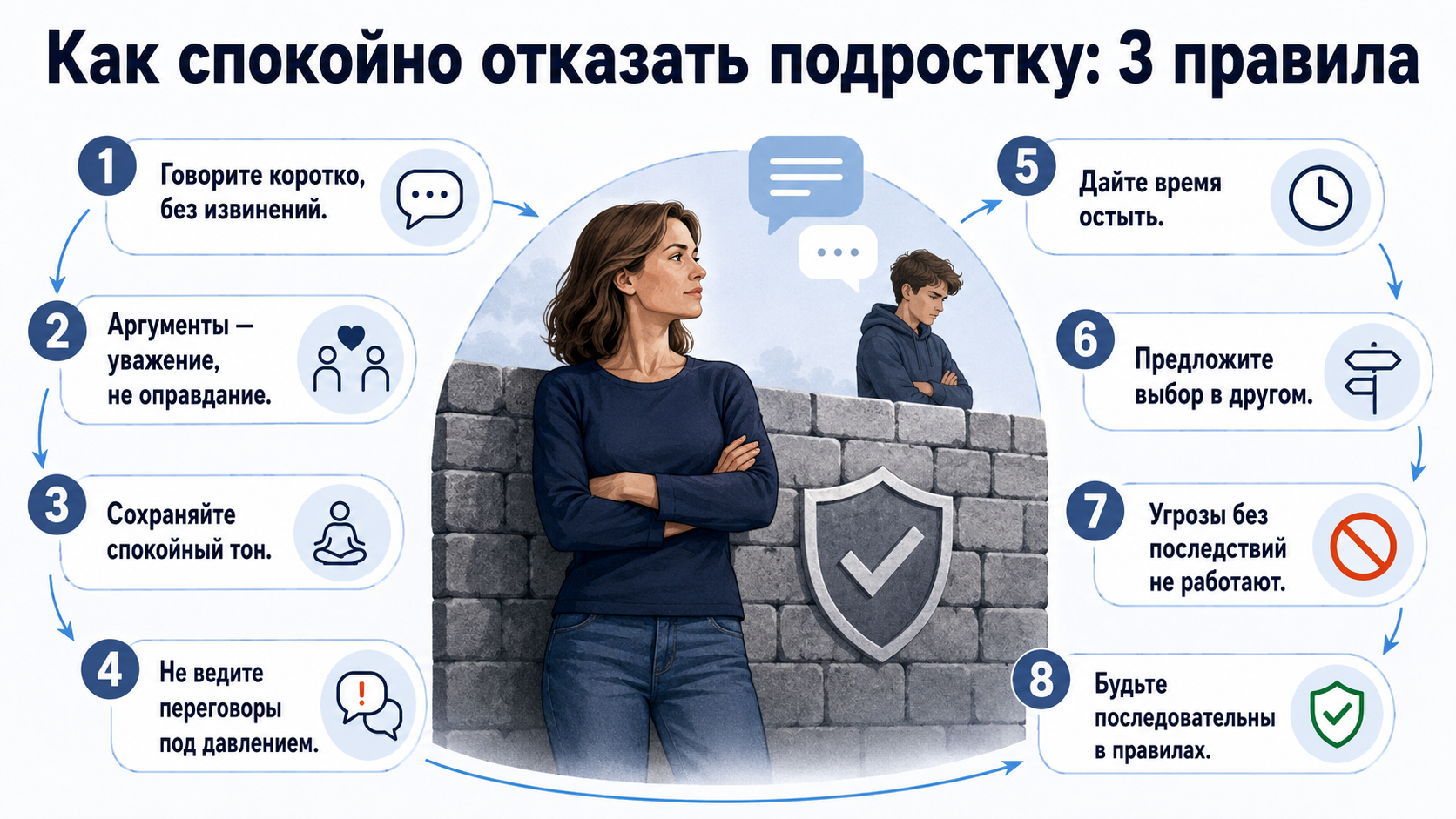 Инфографика: как спокойно отказать подростку, сохраняя доверие.