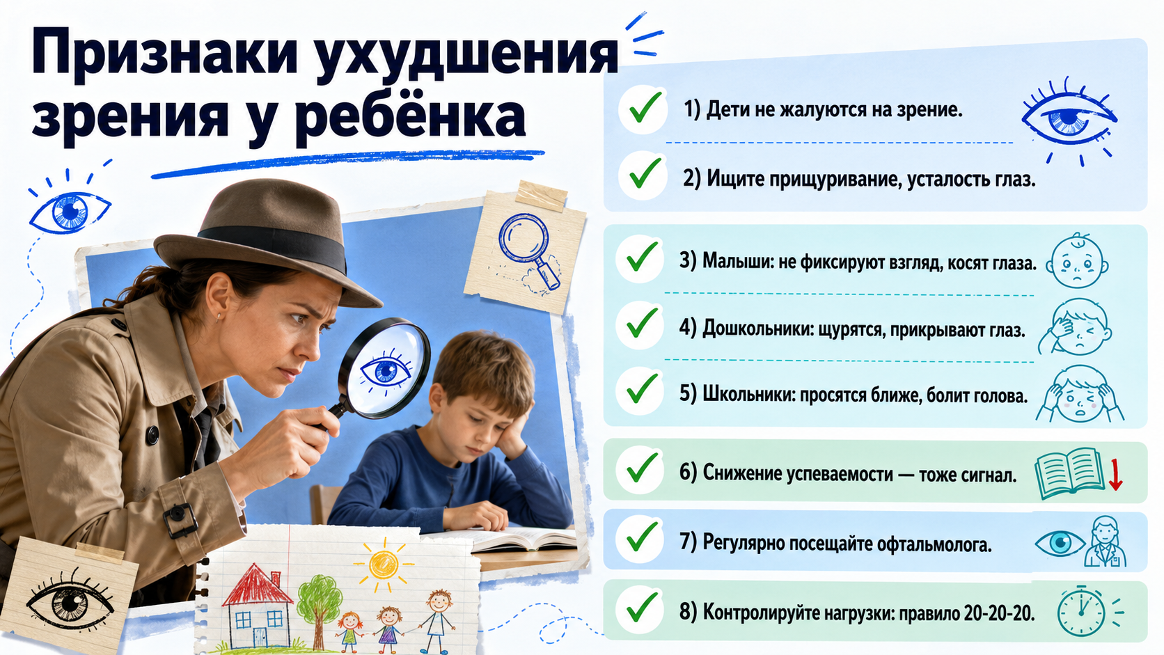 Инфографика: неочевидные признаки ухудшения зрения у ребёнка и что делать родителям.