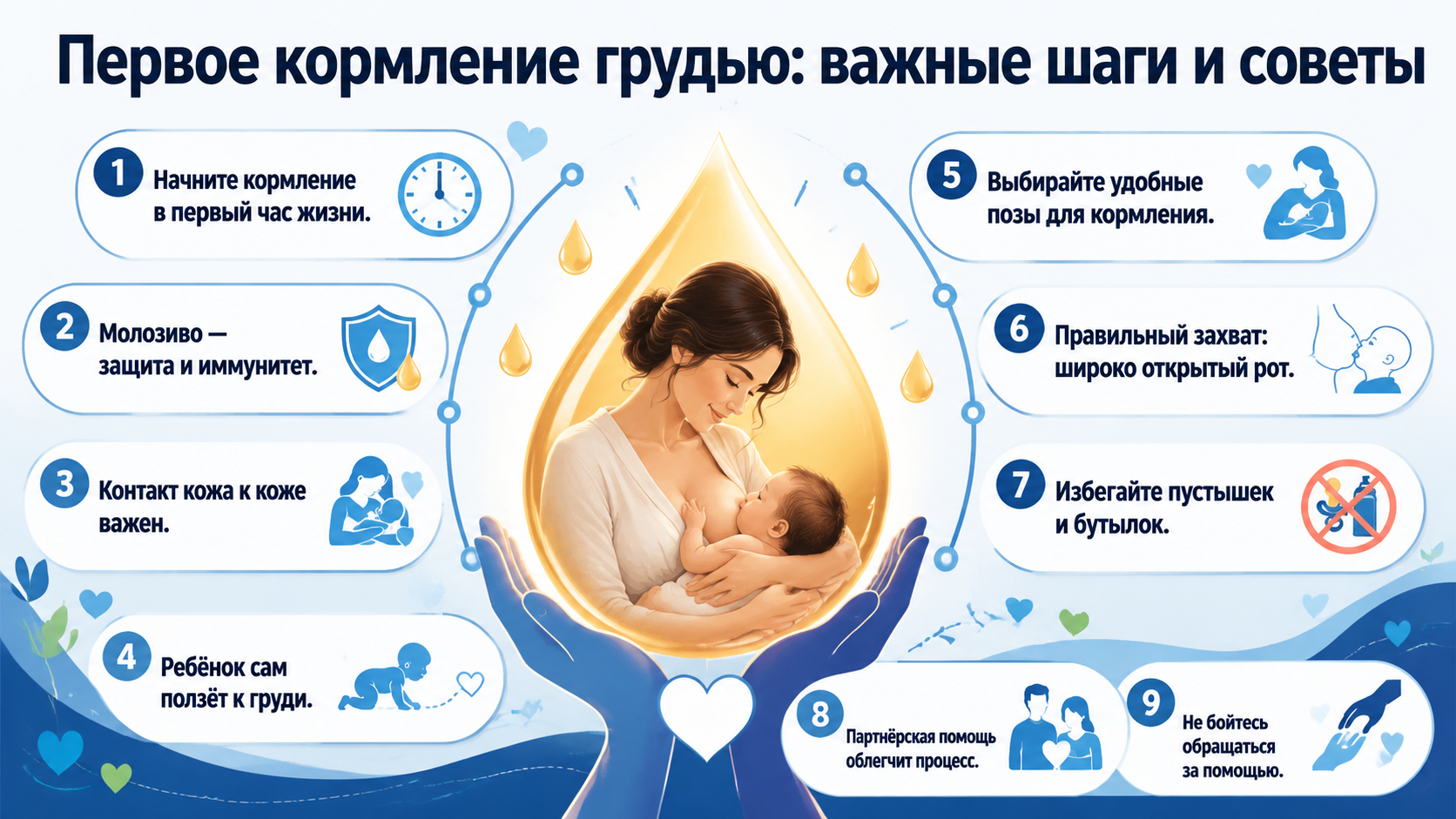 Инфографика о первом кормлении грудью: шаги, молозиво, захват груди.
