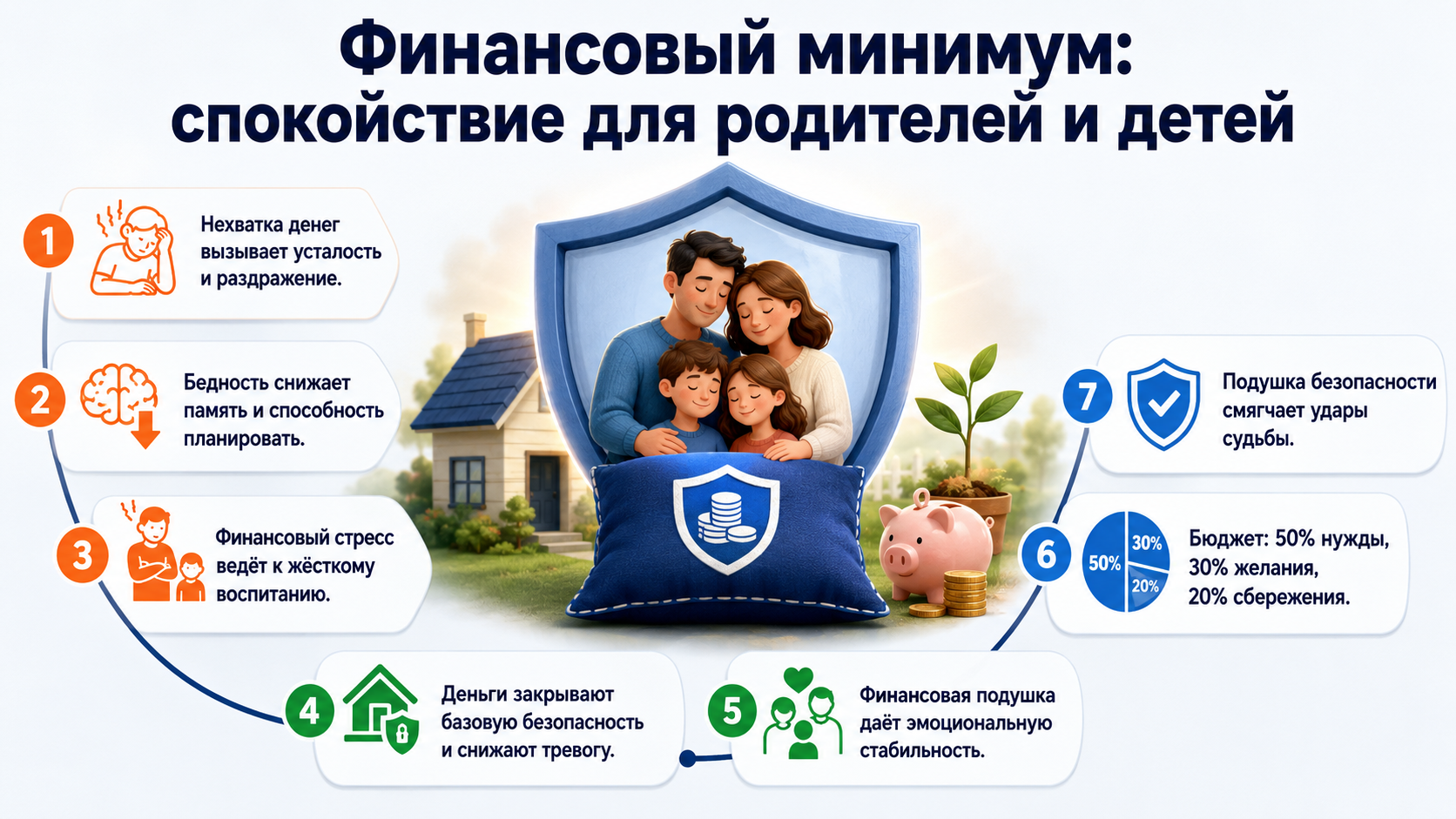 Инфографика о влиянии дохода на психику родителей и детей, шаги к финансовому спокойствию.