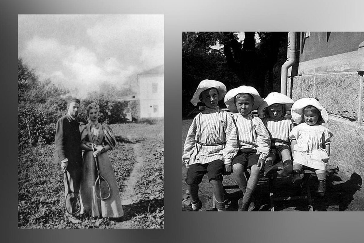 Лев Львович и Дора в Ясной Поляне в 1896 году, а также их дети Павел, Никита, Пётр и Нина в 1908 году.