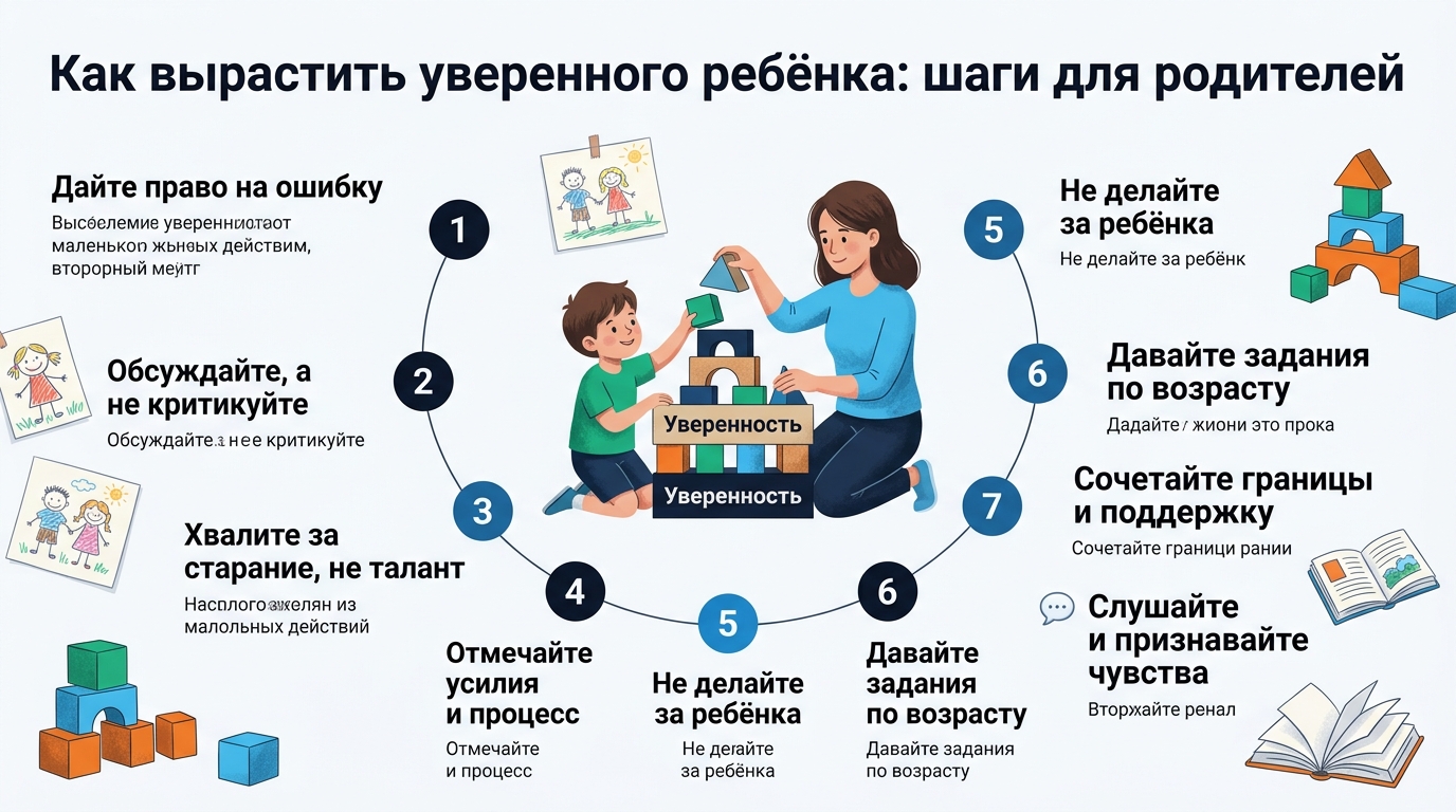 Инфографика: шаги для родителей по воспитанию уверенного ребёнка